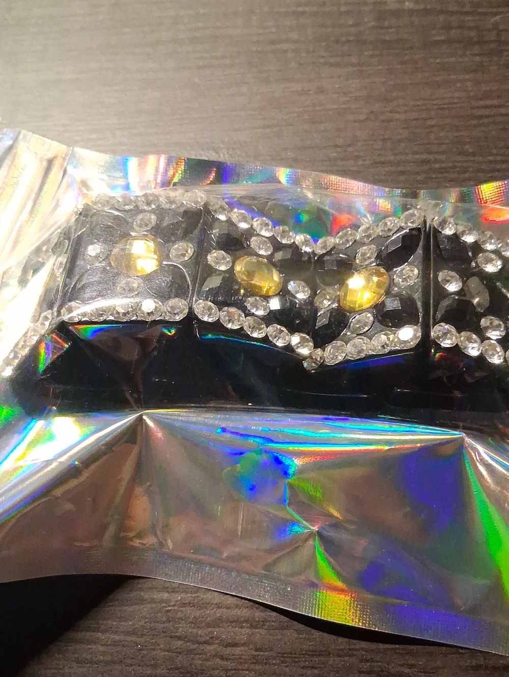 Source Unknown Black Bracelet with Clear Crystals and Yellow Stones